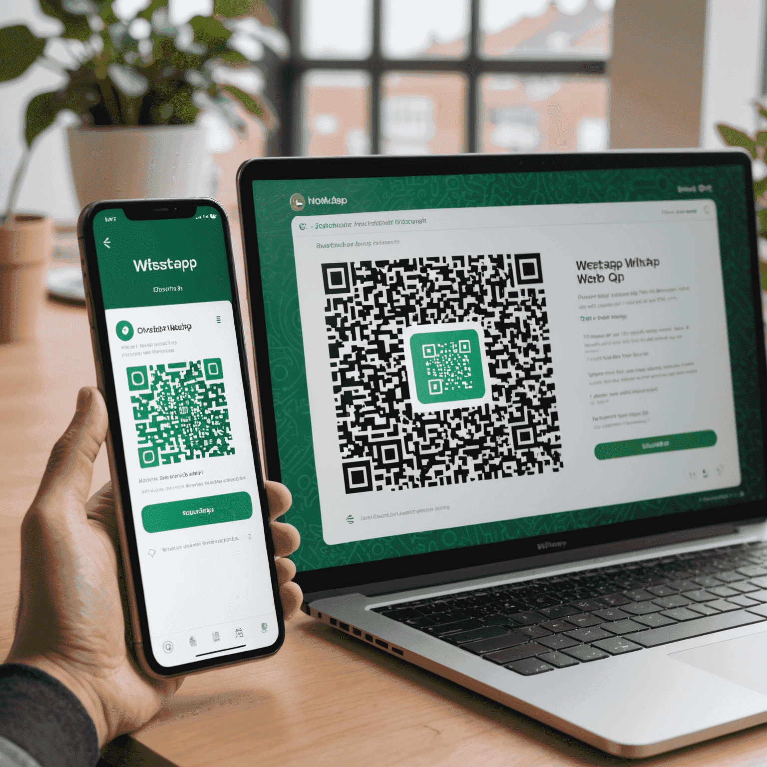 Зображення екрану комп'ютера з відкритим вікном WhatsApp Web та смартфоном поруч для сканування QR-коду