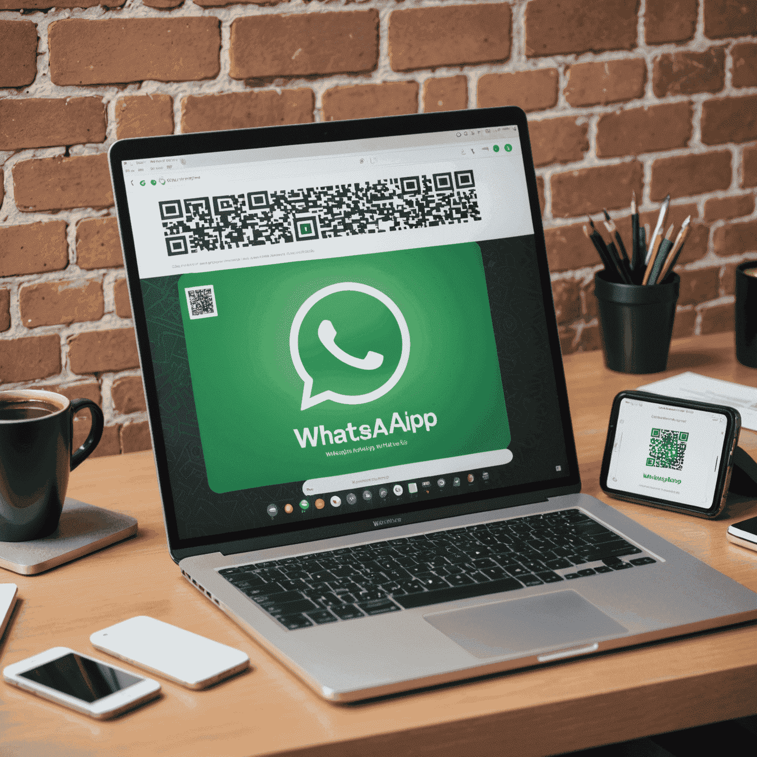 Зображення екрану комп'ютера з QR-кодом WhatsApp Web та смартфона, що сканує його