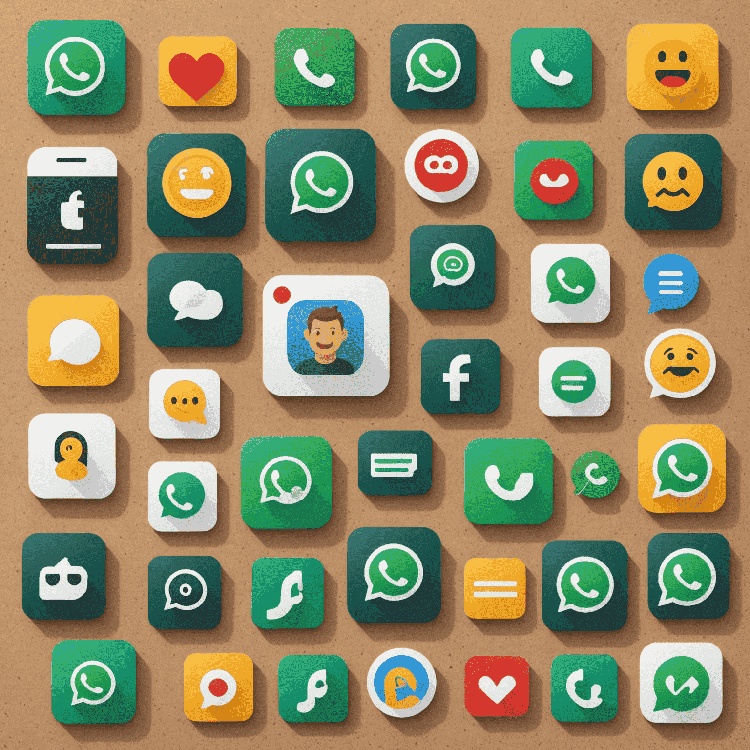 Колаж із іконок, що представляють різні функції WhatsApp Web, такі як відеодзвінки, передача файлів, емодзі