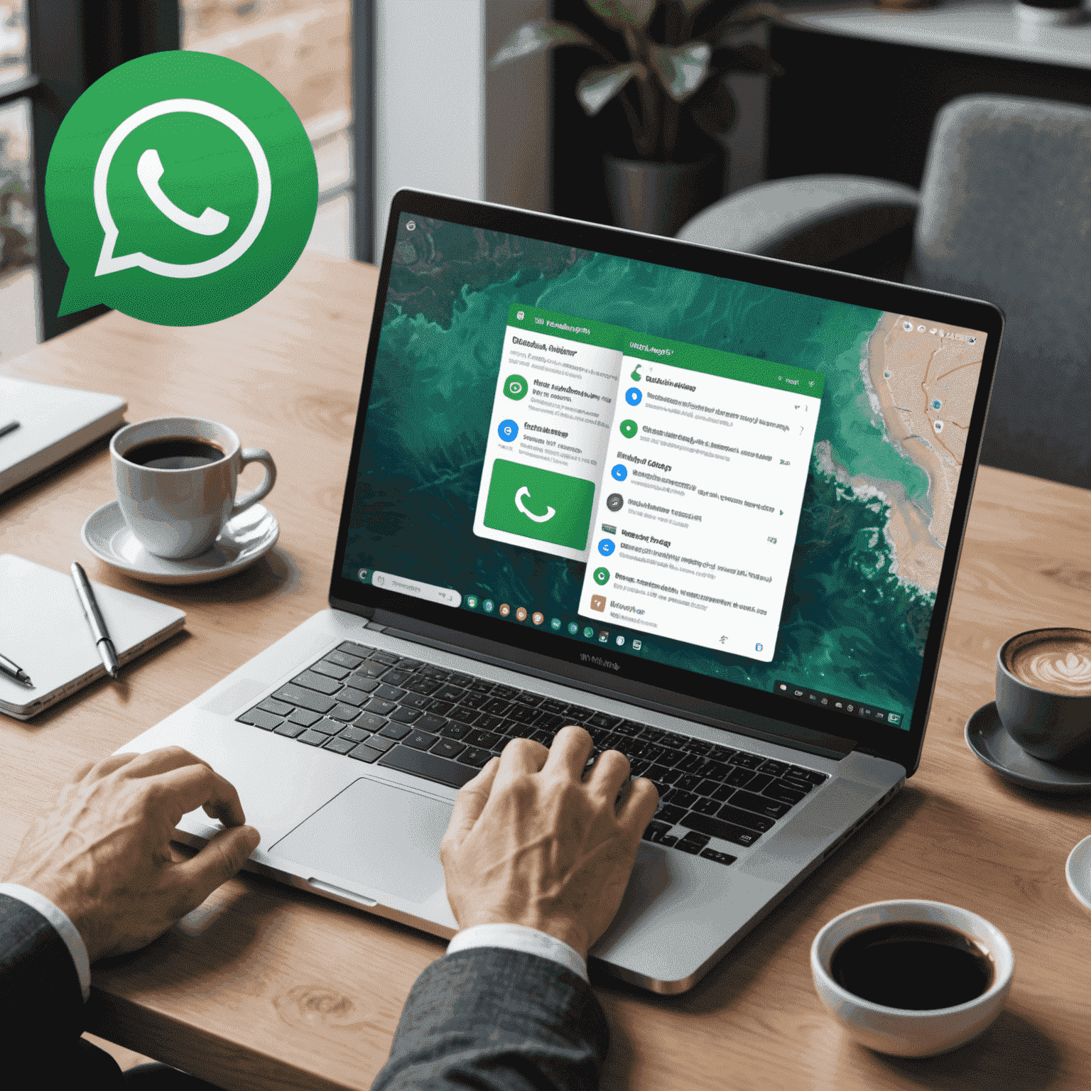 Користувач працює з WhatsApp Web на ноутбуці, поруч лежить смартфон з відкритим додатком WhatsApp