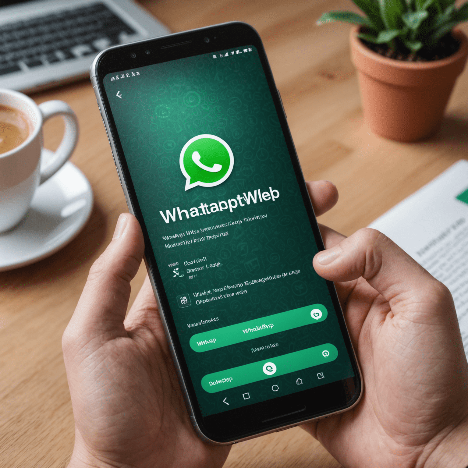 Зображення смартфона з відкритим меню WhatsApp, де виділено опцію 'WhatsApp Web'