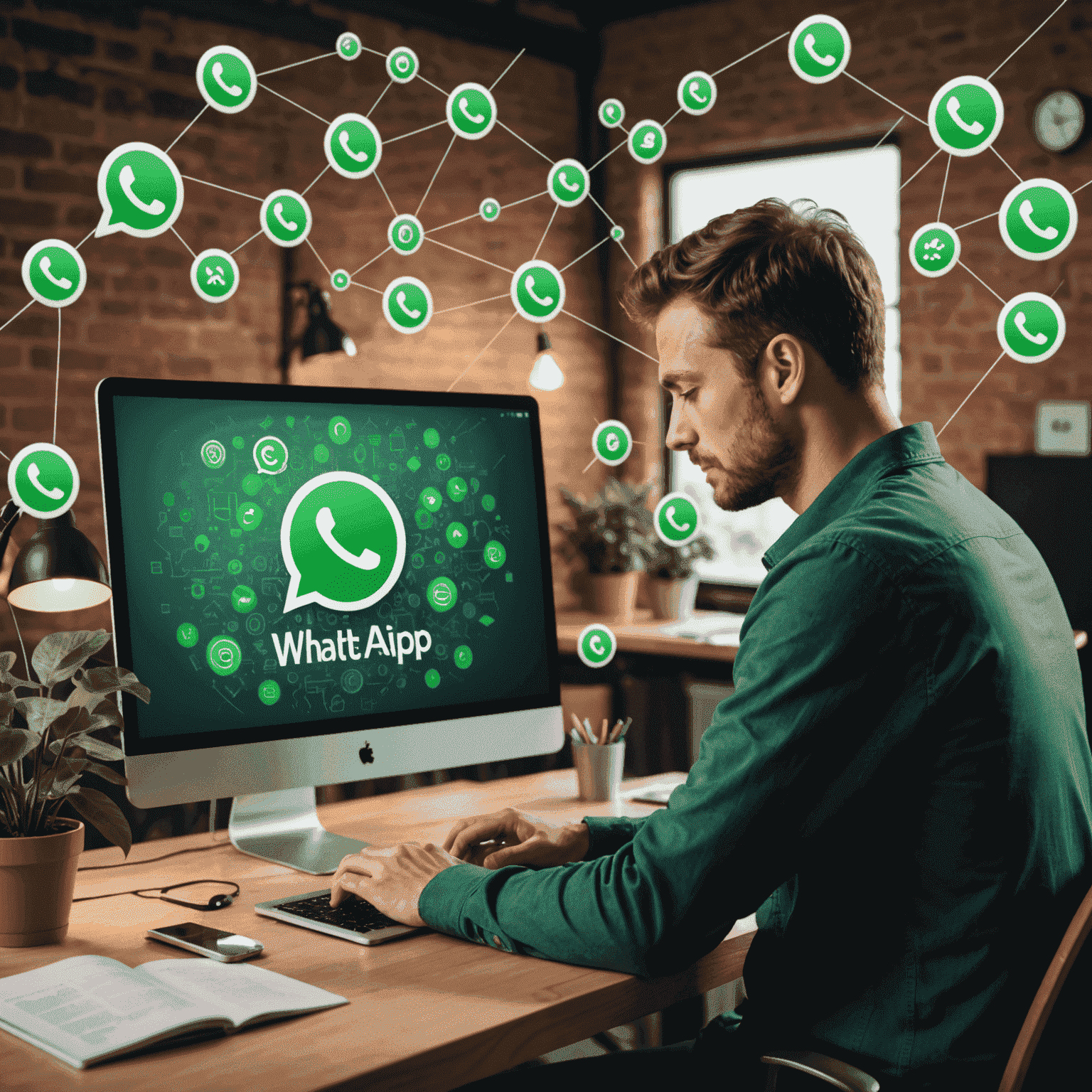 Зображення людини, яка працює за комп'ютером з відкритим WhatsApp Web та символами помилок