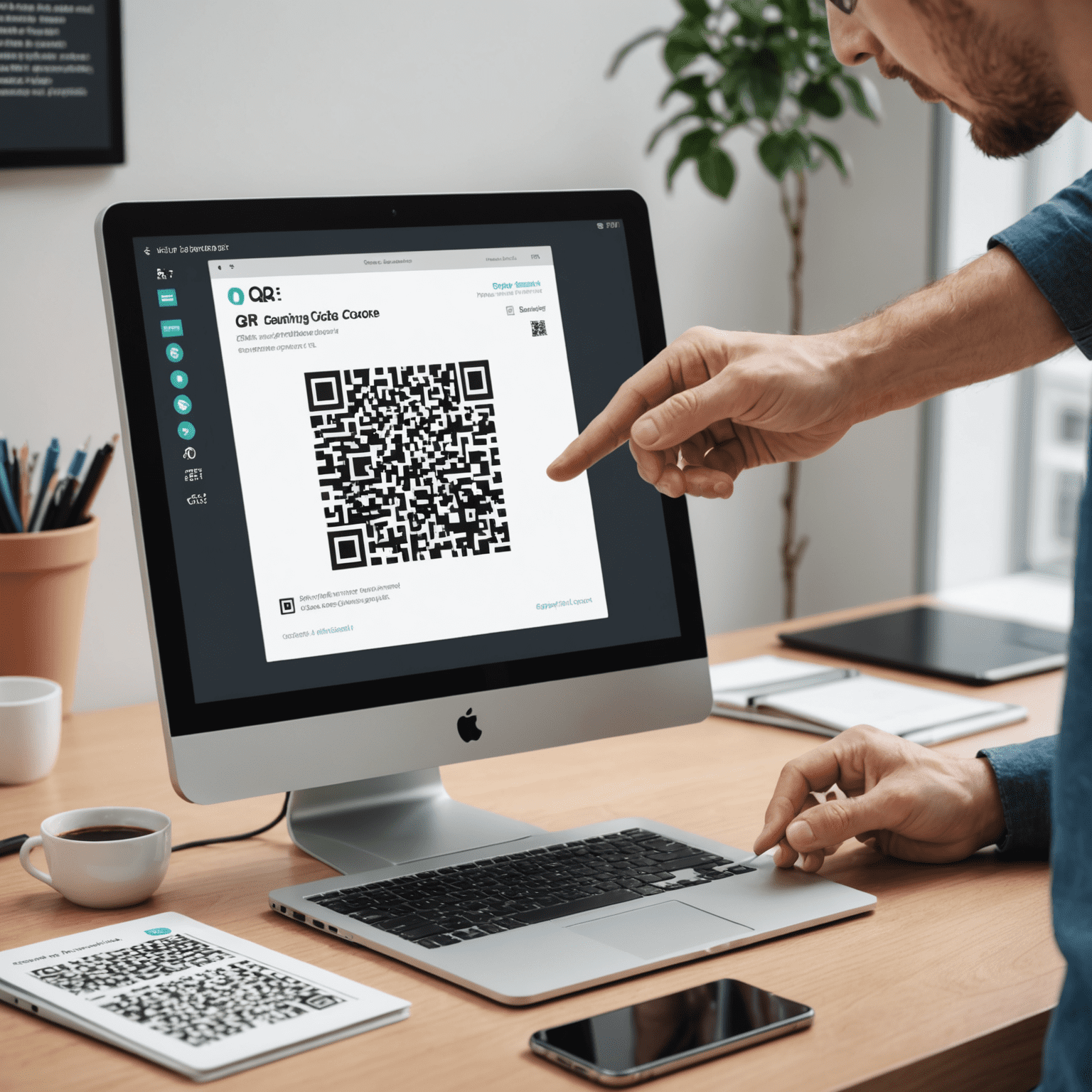 Ілюстрація процесу сканування QR-коду на екрані комп'ютера за допомогою смартфона