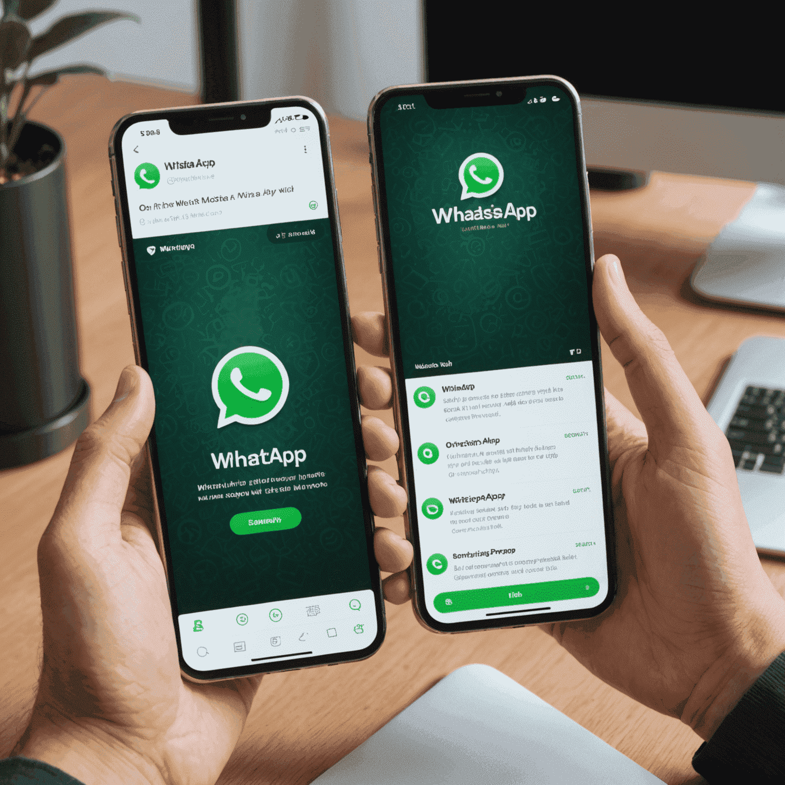 Розділене зображення: з одного боку екран комп'ютера з WhatsApp Web, з іншого - смартфон з мобільним додатком WhatsApp